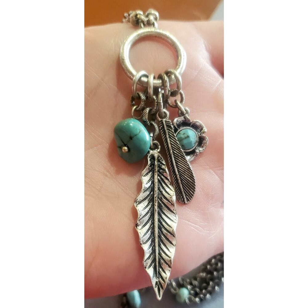 Vintage Boho Statement Necklace Leaf Faux Turquoise Bohemian Silver Tone 30” - Picture 8 of 8